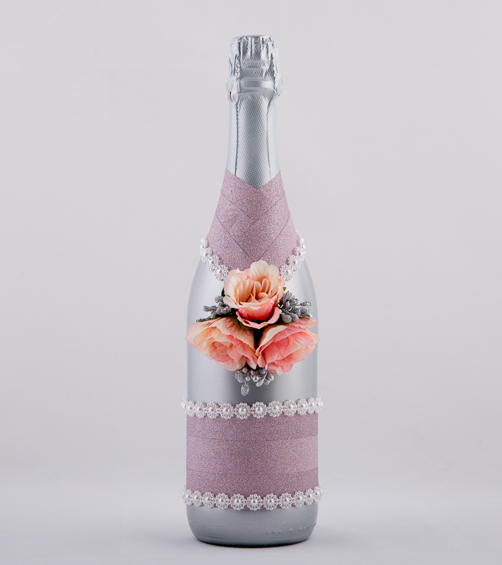 Сватбено шампанско в сребърно и розово